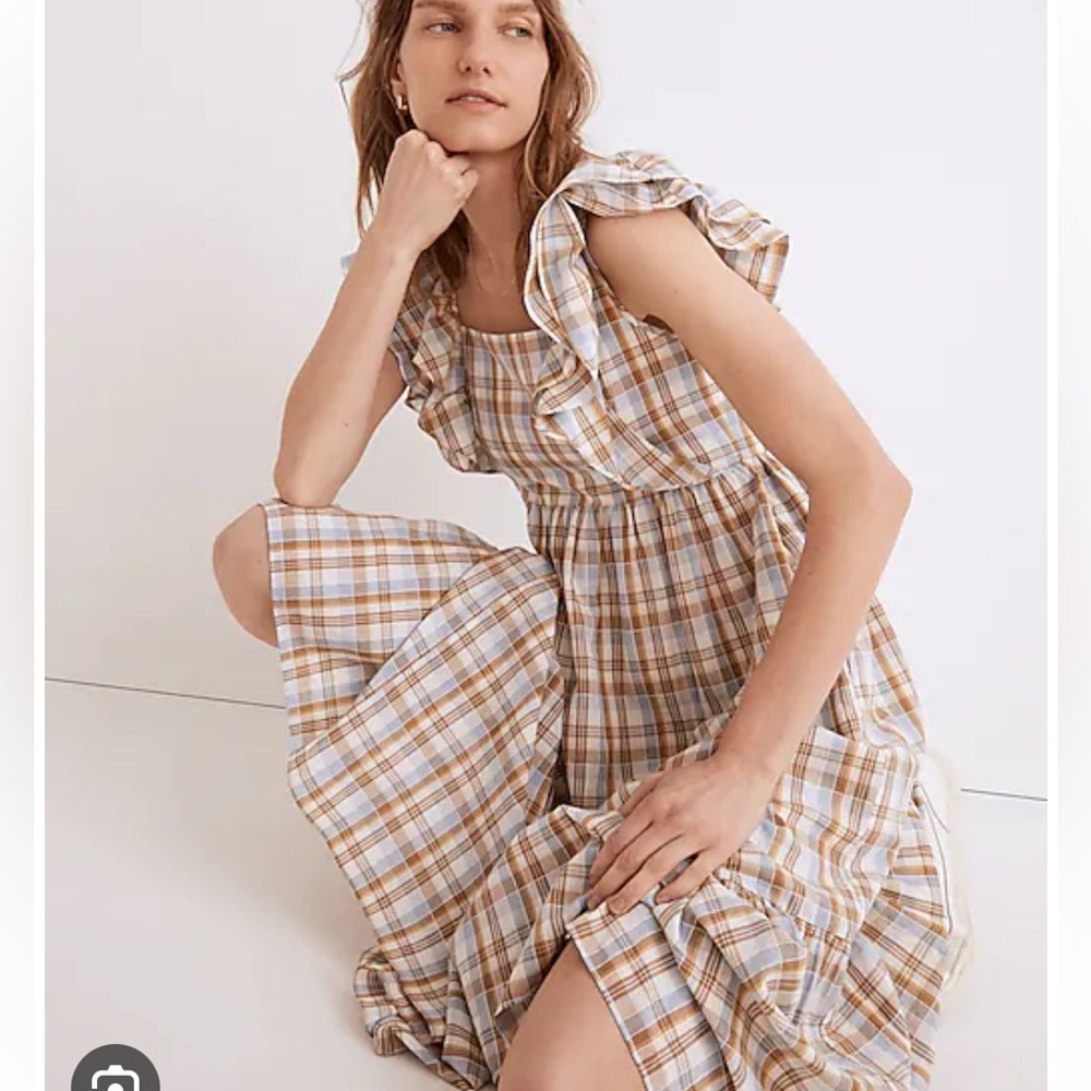 Madewell Ruffle Sleeved plaid midi dress